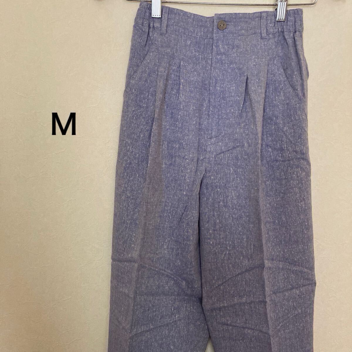 パンツ スラックス タックパンツ 無地 ブルー M シルク ウール ウエストゴム 拍卖