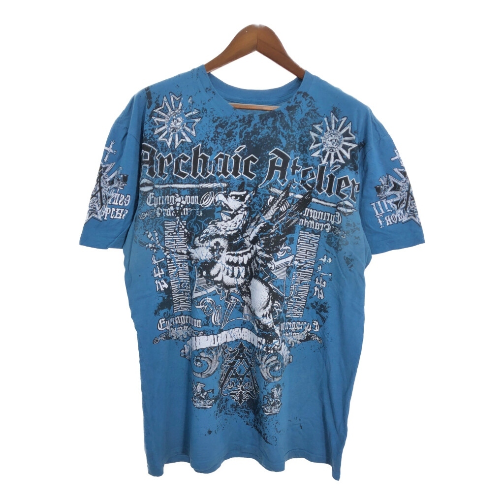 Archaic AFFRICTION アフリクション 大判プリント y2k 半袖Tシャツ ブルー(メンズ XL)中古 古着 T6219拍卖