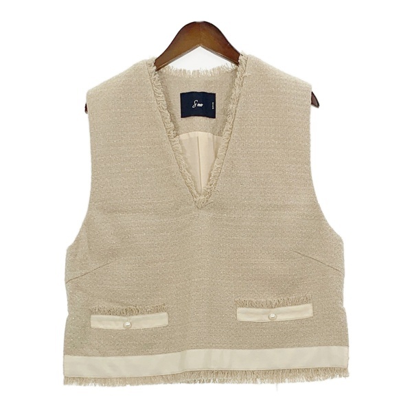 ソーノ NAVY ツイードパールベスト S224BV023 新品同様 プルオーバー Vネック レディース サイズ1 ベージュ SONO トップス IL13268■拍卖
