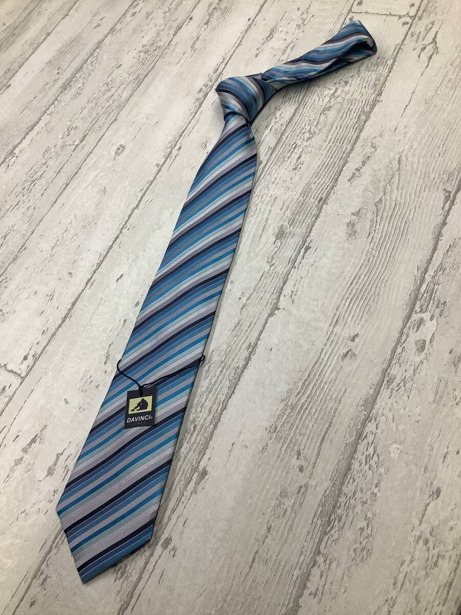 新品未使用 DAVINCI ダヴィンチ ブルー系グラデーションストライプ シルク100%ネクタイ お洒落柄 結婚式 パーティにも★ スリムタイ拍卖