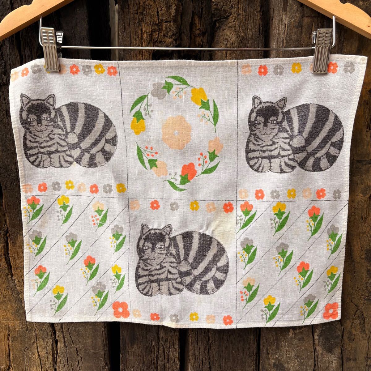 【USA vintage】 fabric CAT 布 猫 花 レトロ ランチョンマット はぎれ 生地 アメリカ ビンテージ拍卖