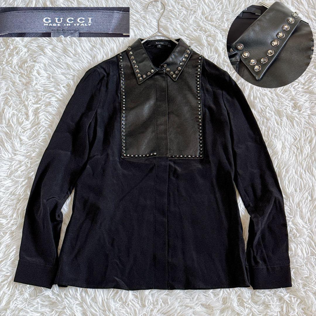 激レア GUCCI グッチ シルク100% レザー切替 長袖ブラウス スタッズ ビジュー付 シャツ ブラック 黒 Sサイズ拍卖