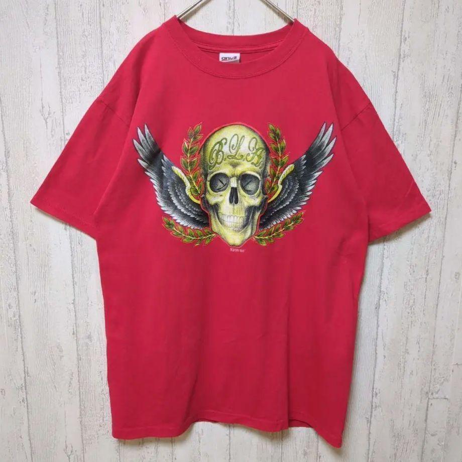 スカルデザイン Tシャツ バンドT ハーレー ロック ビッグプリント レッド #hs12拍卖