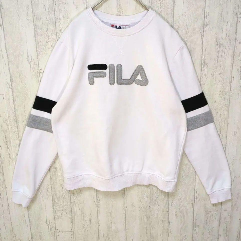 FILA USA古着 スウェット 厚手 刺繍ロゴ ライン ホワイト #h826拍卖