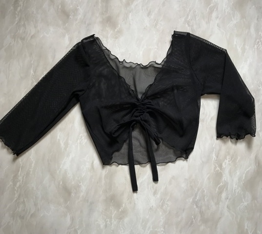 バレエ/ピラティス/ヨガなど 7分袖ショートトップス ギャザーリボン チュール/メッシュ 黒 L拍卖