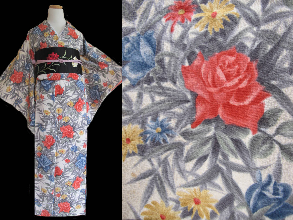 薔薇とマーガレット ロマンティック アンティークお召し着物拍卖