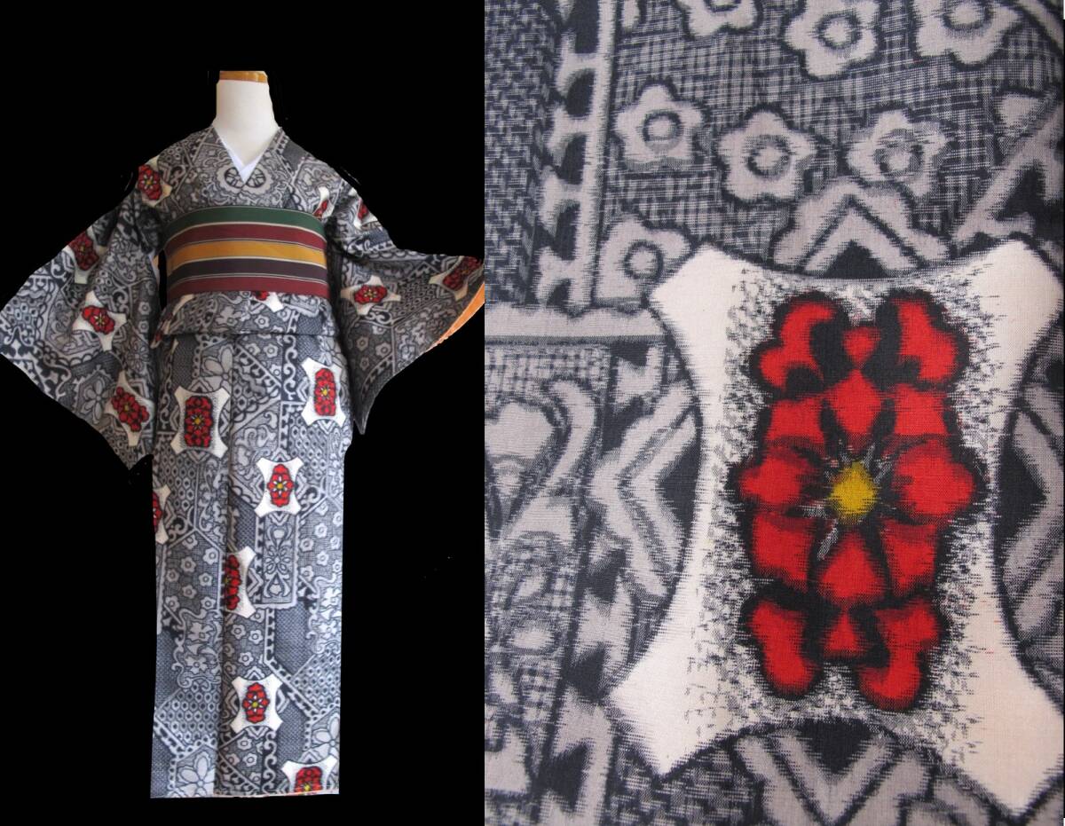 幾何学模様 華紋 グレー アンティーク銘仙着物拍卖