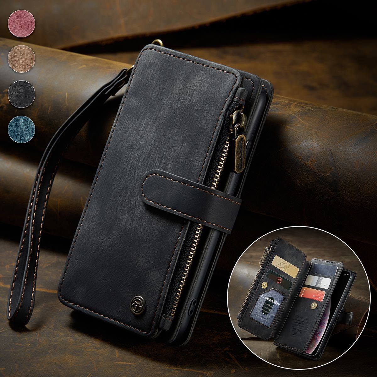 iphone XS レザーケース アイフォン x ケース iphone x/xs カバー お財布付き 手帳型 カード収納 ストラップ付き ブラック拍卖