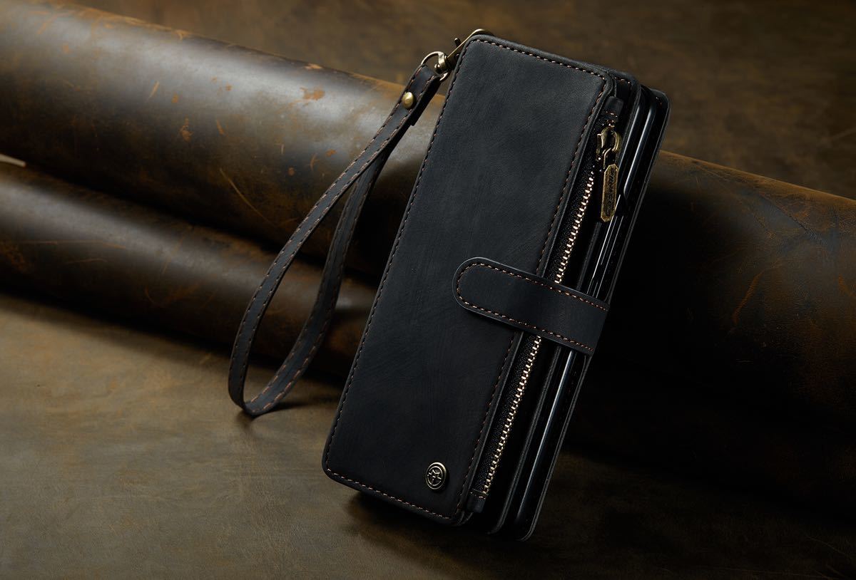 Galaxy Z Fold3 レザーケース SC-55B | SCG11 フルカバー ギャラクシーzフォールド3ケース 手帳型 お財布付き ワイヤレス充電対応 ブラック拍卖