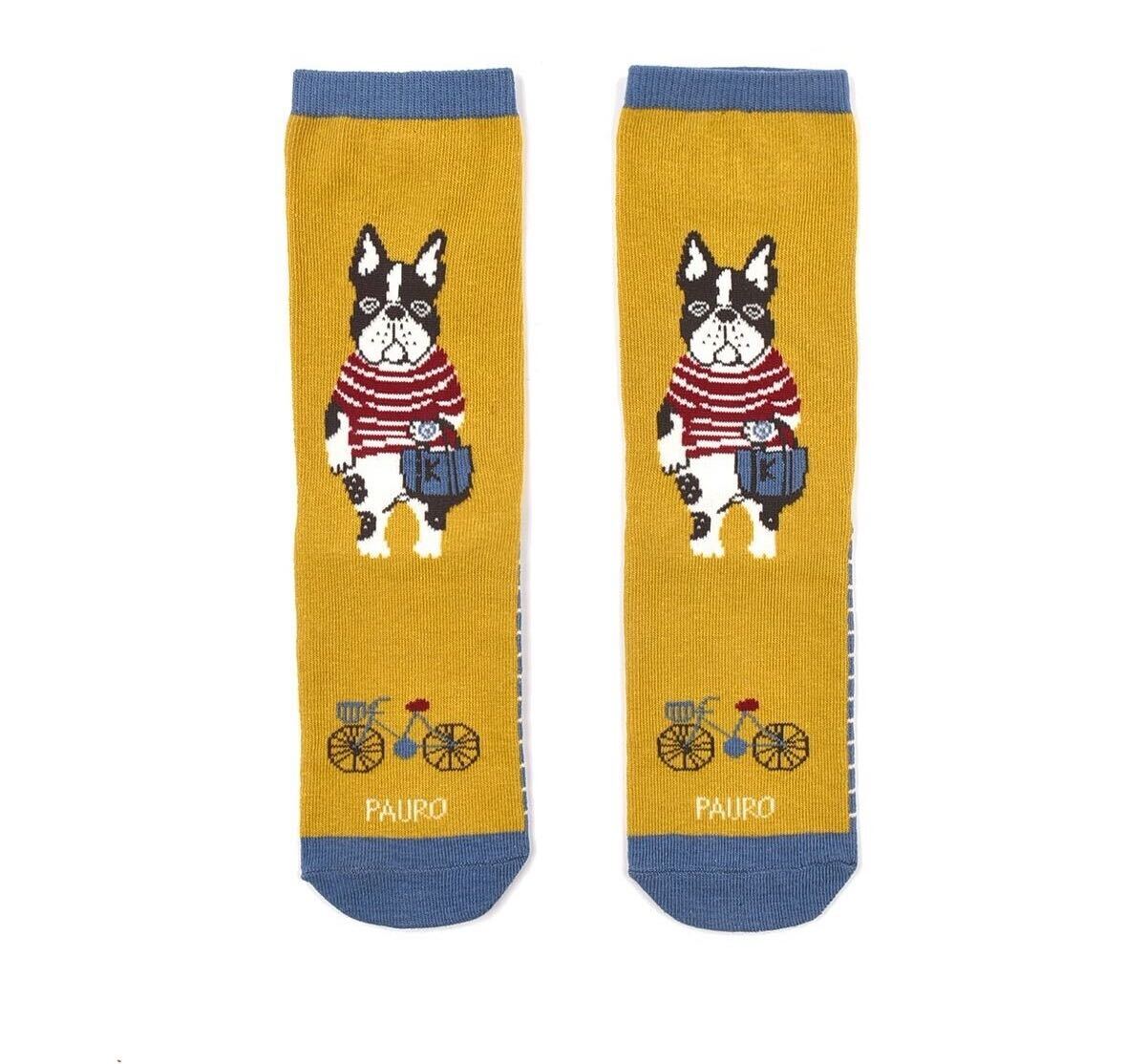 レディースソックス♪ ジャガード靴下 パウロ柄① 犬 フレブル Kusuguru Japan クスグルソックス 送料込み拍卖