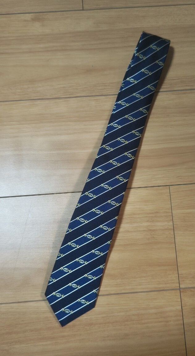 【未使用】 グッチ ネクタイ ネイビー系 ストライプ 幅7.3cm イタリア製拍卖