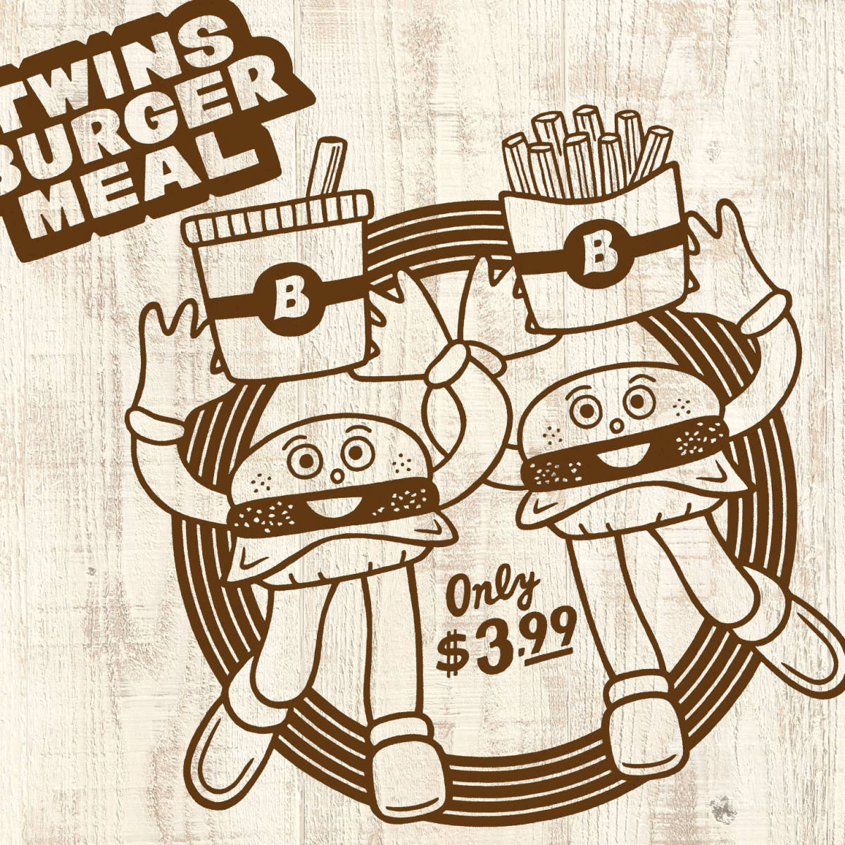 ■ TWINS BURGER Tシャツ■Sサイズ(ホワイトxブラウン) ハンバーガー ファストフード拍卖