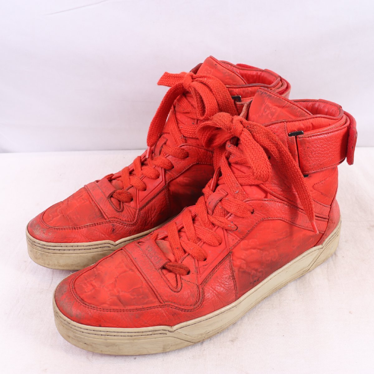 グッチ イタリア製 12 G/ 29.5cm 位 レザースニーカー レッド GUCCI メンズ レザースニーカー 中古靴 ds5044拍卖