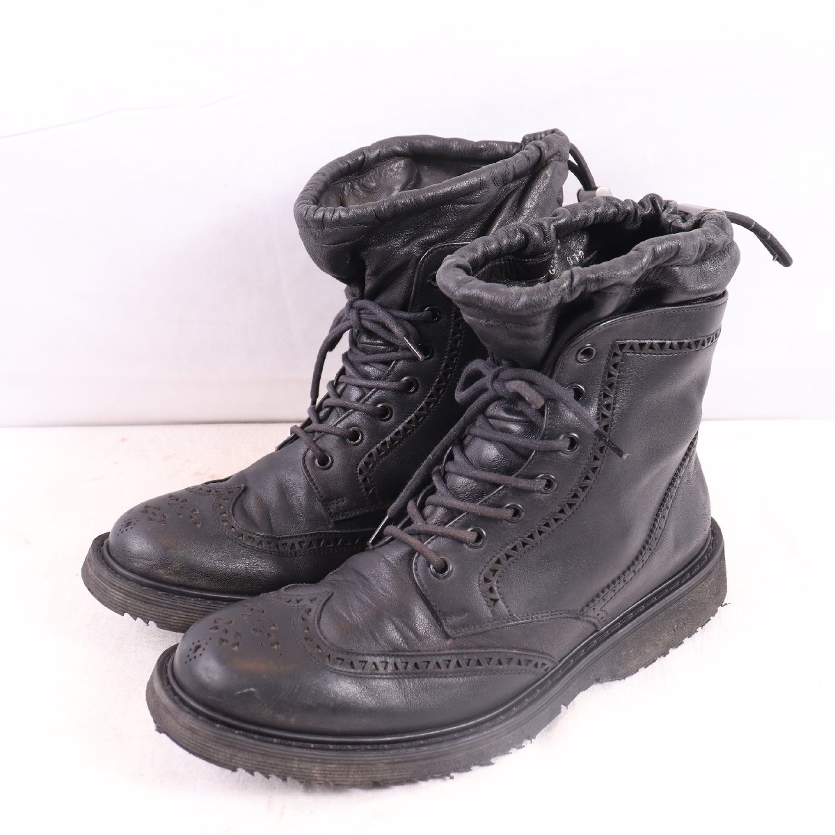 プラダ 7 / 26.05cm 位 ウィングチップ レースアップ デザインブーツ 本革 ブラック 黒 PRADA ITALY メンズ 中古 古着 eb1692拍卖