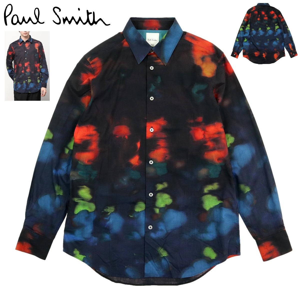 【B3320】【極美品】Paul Smith ポールスミス 長袖シャツ ドレスシャツ Ink Spill プリントシャツ インクスピル 総柄 123353 サイズM拍卖