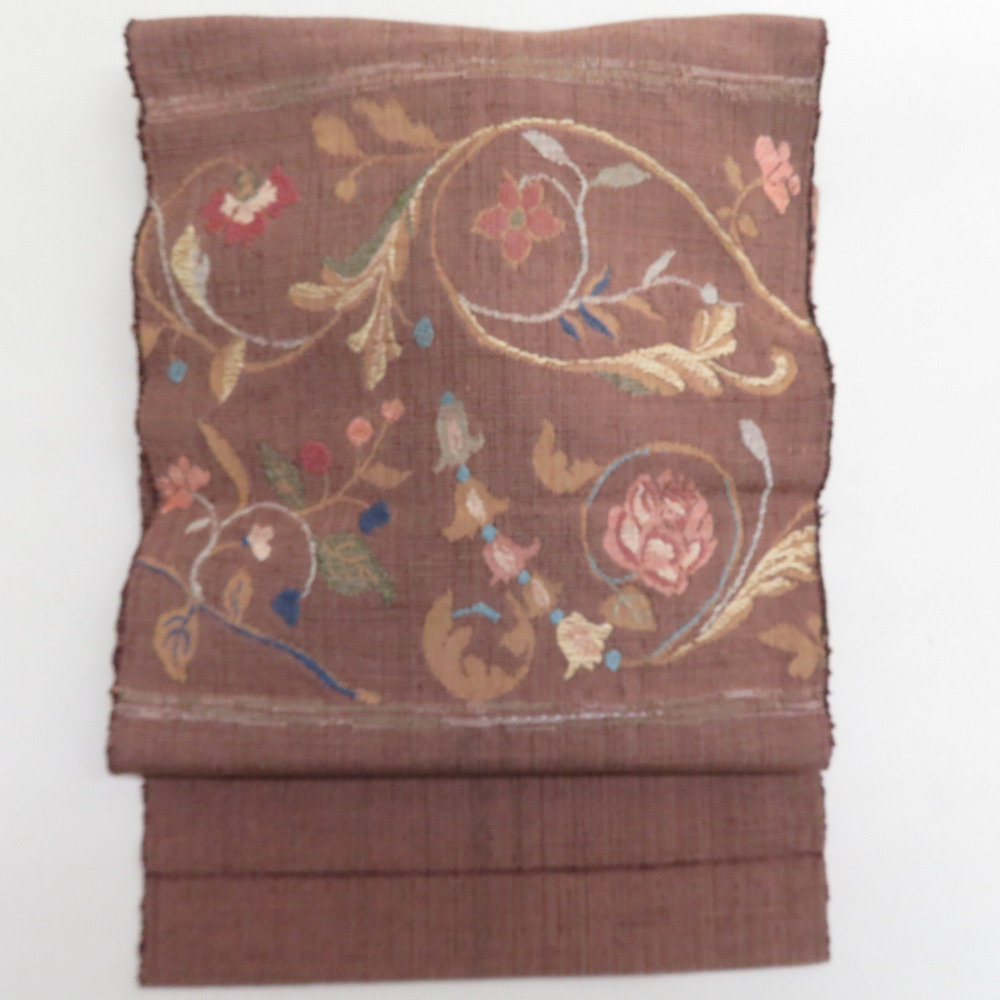 名古屋帯 化繊 レーヨン 茶色x青色 唐草花模様 お太鼓柄 八寸帯 カジュアル 仕立て上がり 着物帯 長さ330cm拍卖