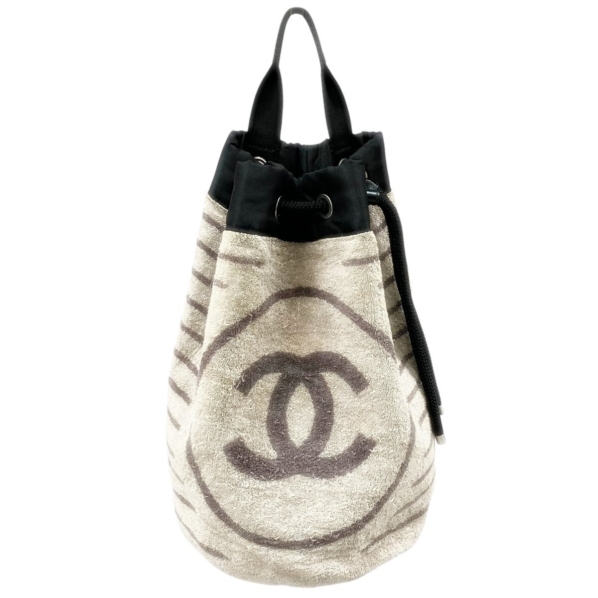 【中古】|CHANEL シャネル ココマーク スポーツライン ビーチバッグ 巾着 ワンショルダー ボーダー ショルダーバッグ パイル地拍卖