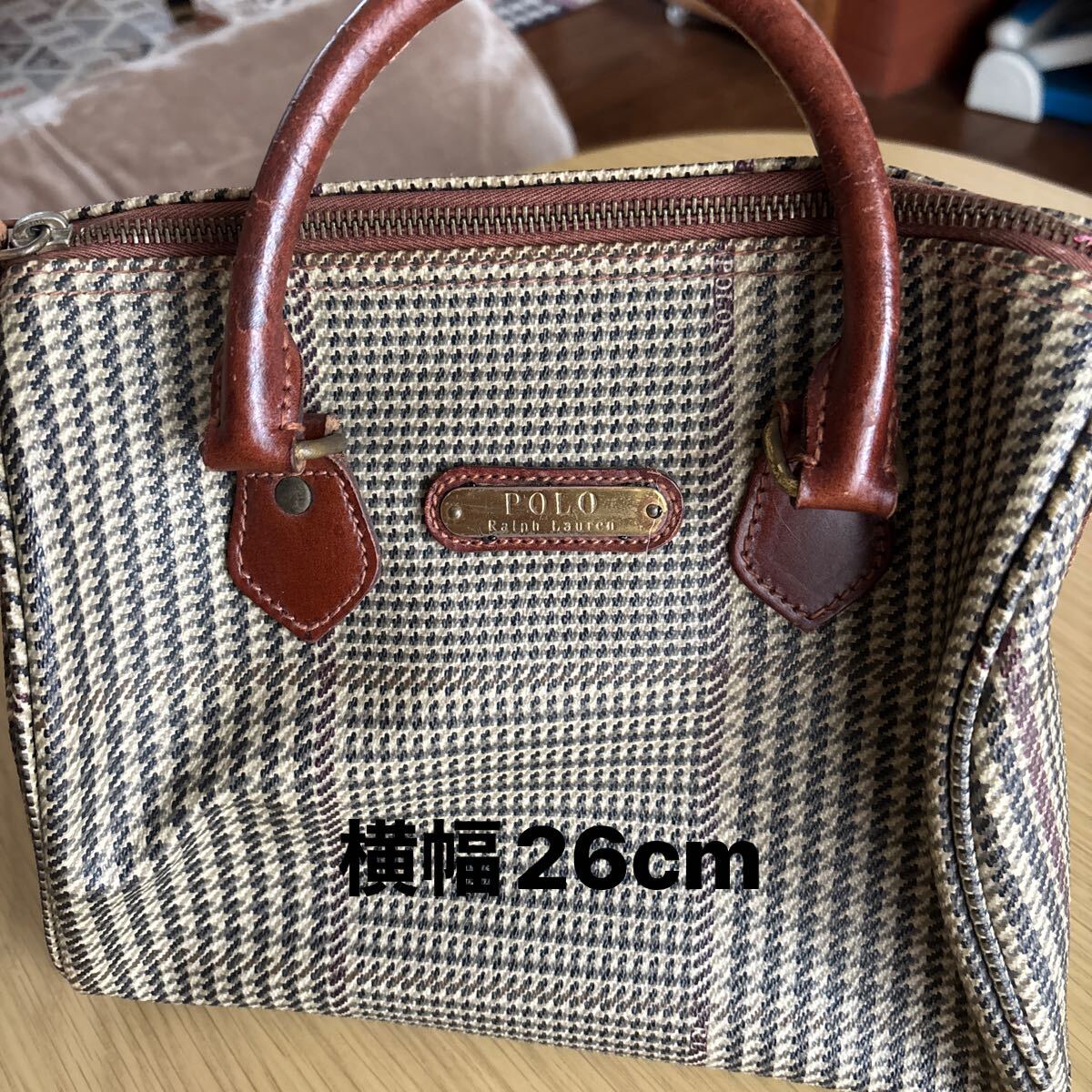 【送料無料】ポロ ラルフローレン ハンドバッグ ミニボストン 千鳥格子 柄 レザー 使用感あり拍卖