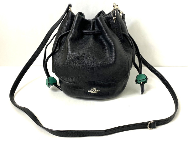 【即決】COACH コーチ 巾着 ペタル ショルダーバッグ F57543 フラワー レザー ブラック グリーン 拍卖