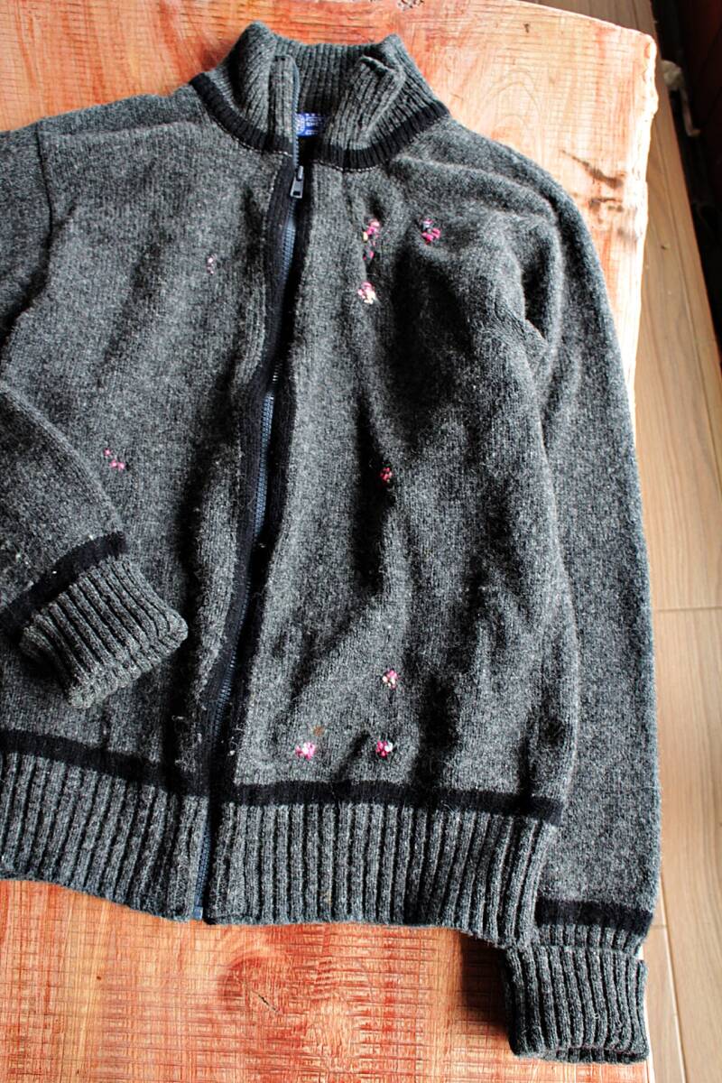 Shetland Islands★/ シェトランドウール/フルジップセーター新Lサイズ グレー★ダーニング★雰囲気あります拍卖