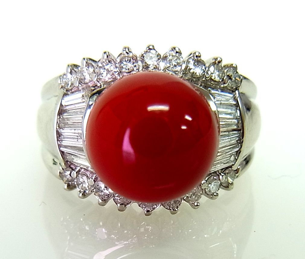 最高級牛血色 9.5ミリ丸珠 天然紅珊瑚 さんご プラチナ製リング 卸価格でご奉仕 商品紹介動画あり 送料込拍卖