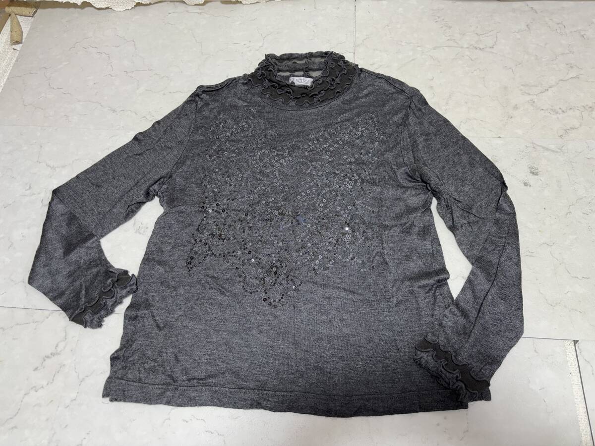 d3255◆serizawa セリザワ スパンコール刺繍テンセルハイネックカットソーM-Lグレー拍卖