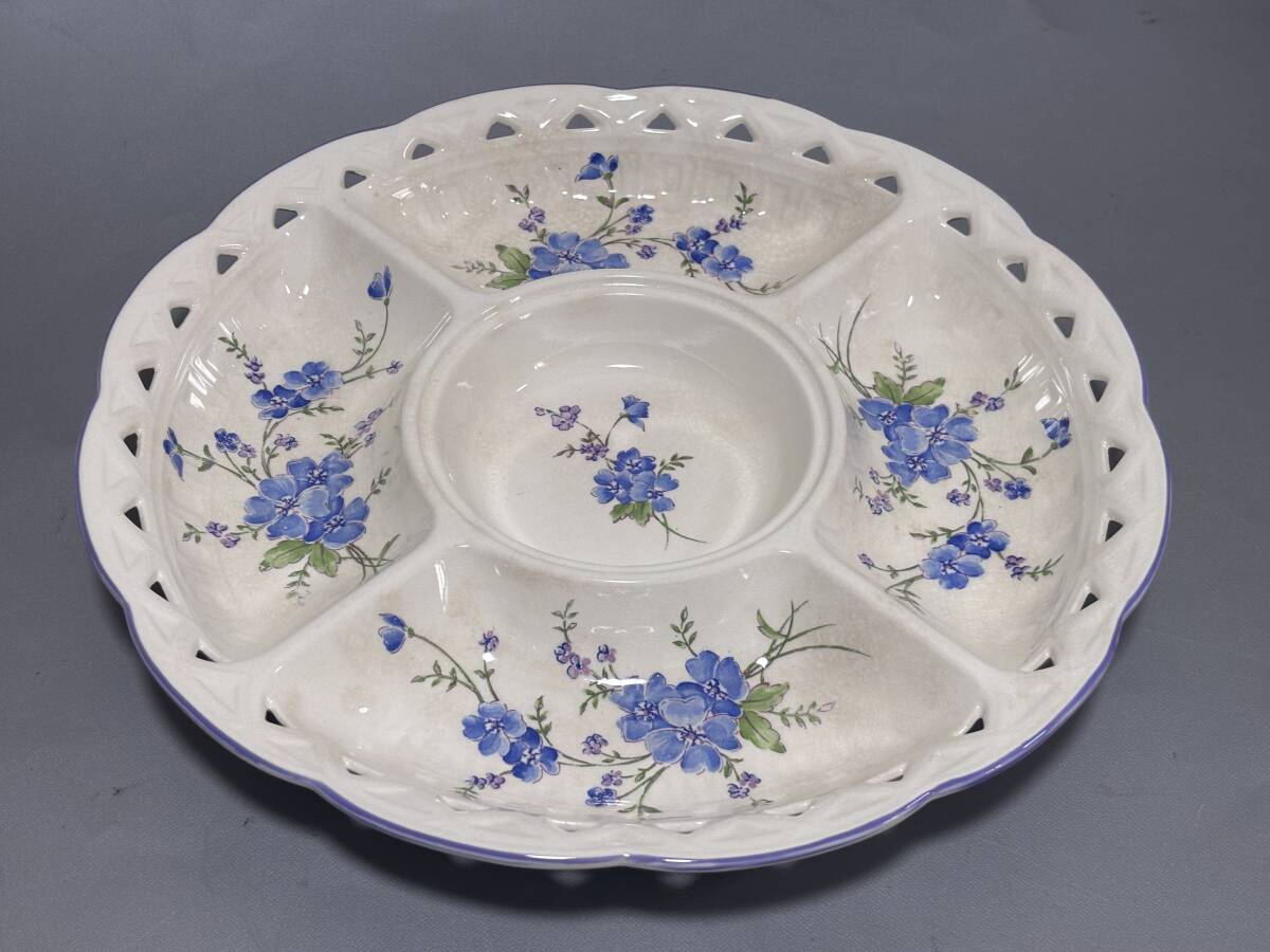 d3633◆昭和レトロ◆YOU&ME オードブル皿 ブルー花柄◆直径32.5cm高さ4cm拍卖