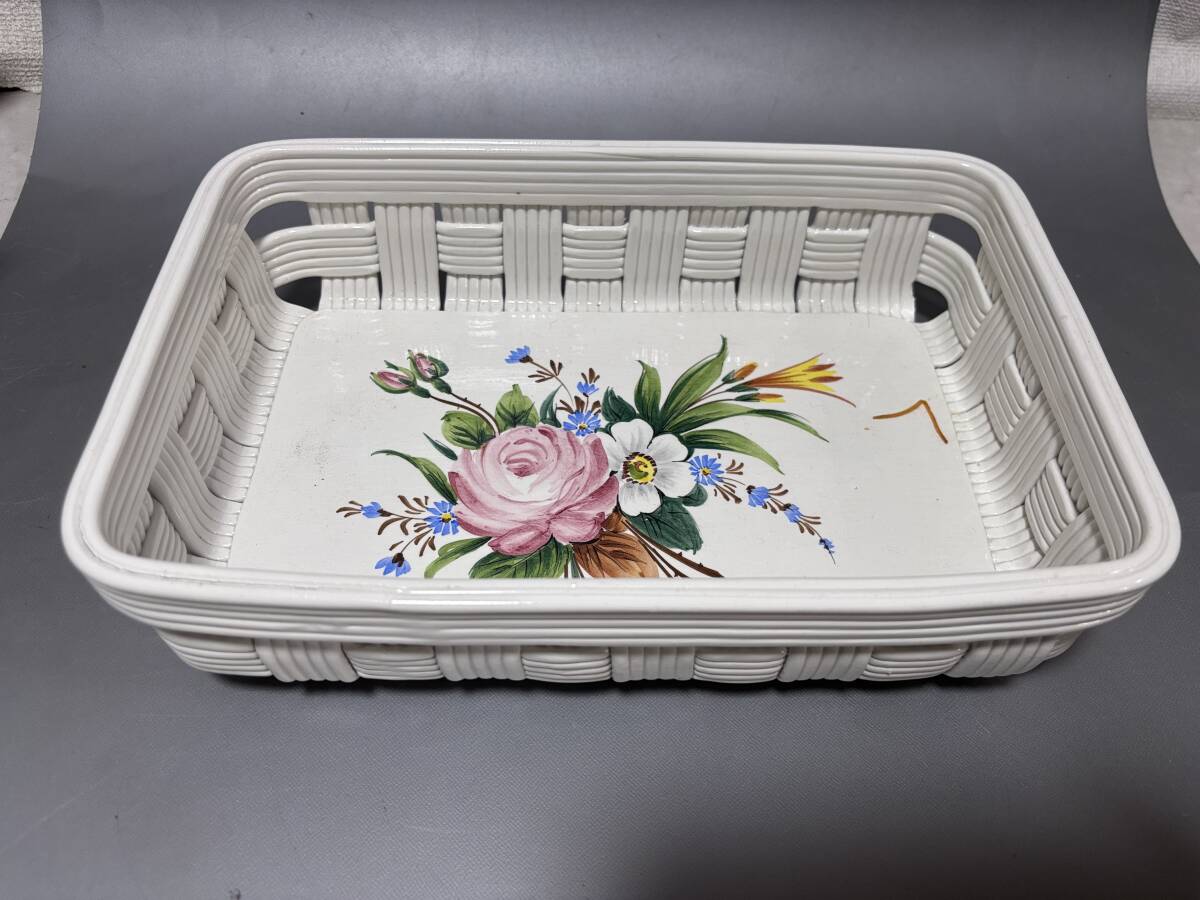 d3656◆イタリア製 角型 陶器製カゴ 花柄◆30×20.5×8.5cm拍卖