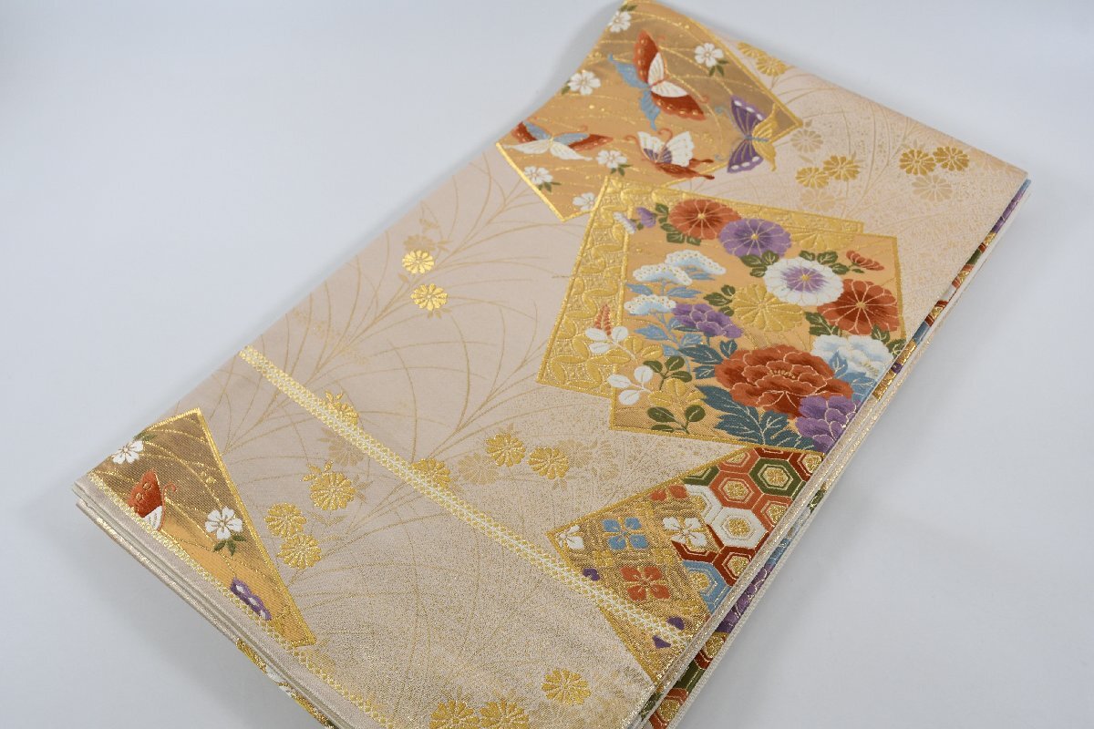 袋帯 六通柄 色紙文 金糸 花 帯丈428cm ★着物屋 ne-14322 桜庭呉服店拍卖