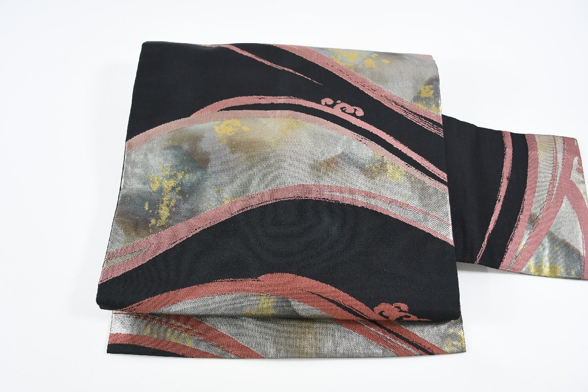 名古屋帯 波文 黒 帯丈350cm ★着物屋 ne-14405 桜庭呉服店拍卖