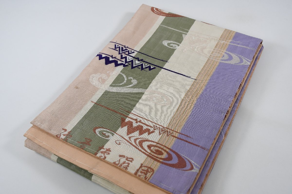 袋名古屋帯 アンティーク 縞模様 唐草文 帯丈346cm ★着物屋 ne-14545 桜庭呉服店拍卖