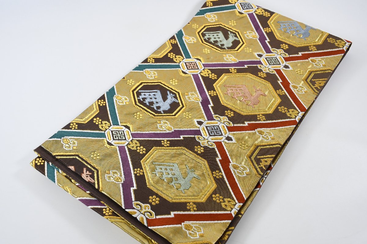 袋帯 本金引箔 有栖川文様 未仕立て 六通柄 鹿 金糸 帯丈438cm ★着物屋 ne-14522 桜庭呉服店拍卖