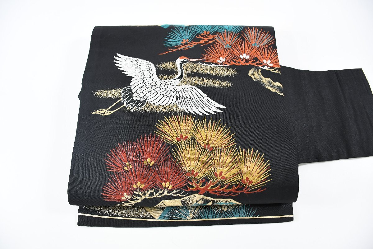 名古屋帯 アンティーク 鶴 松 黒 帯丈328cm ★着物屋 ne-14547 桜庭呉服店拍卖