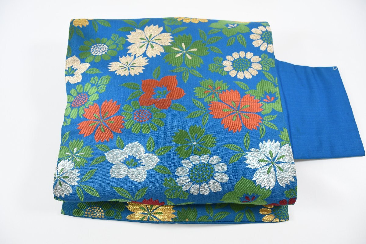 名古屋帯 アンティーク 青 秋草 花 帯丈334cm ★着物屋 ne-14585 桜庭呉服店拍卖