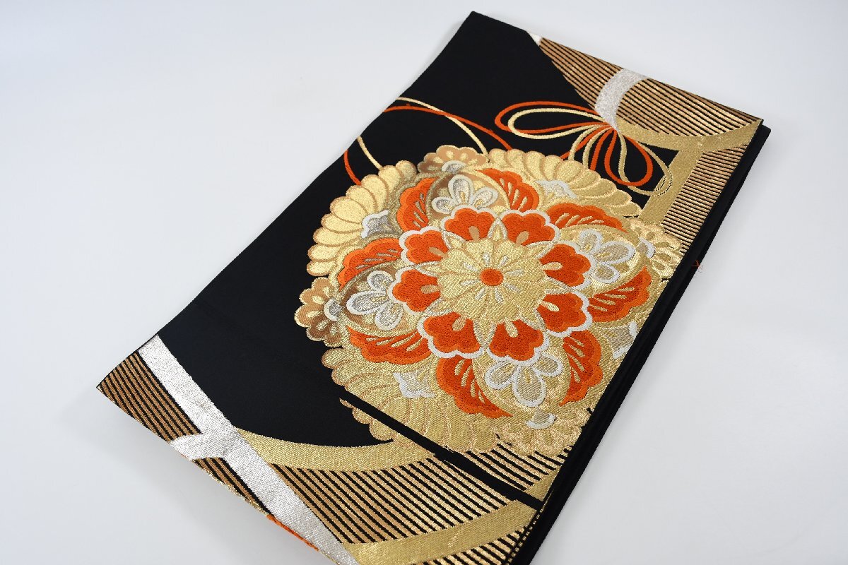 袋名古屋帯 六通柄 黒 金糸 花 帯丈410cm ★着物屋 ne-14534 桜庭呉服店拍卖