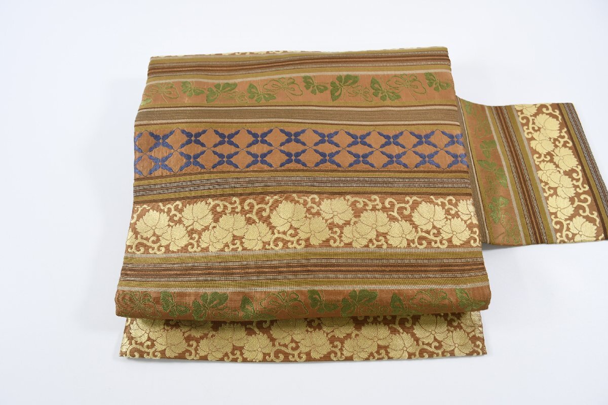 名古屋帯 アンティーク 縞模様 花 帯丈324cm ★着物屋 ne-14626 桜庭呉服店拍卖