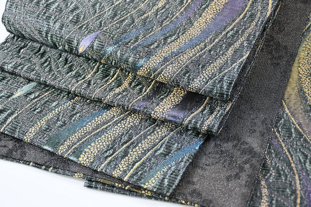 袋帯 六通柄 流水 葉 お洒落帯 帯丈434cm ★着物屋 ne-14707 桜庭呉服店拍卖