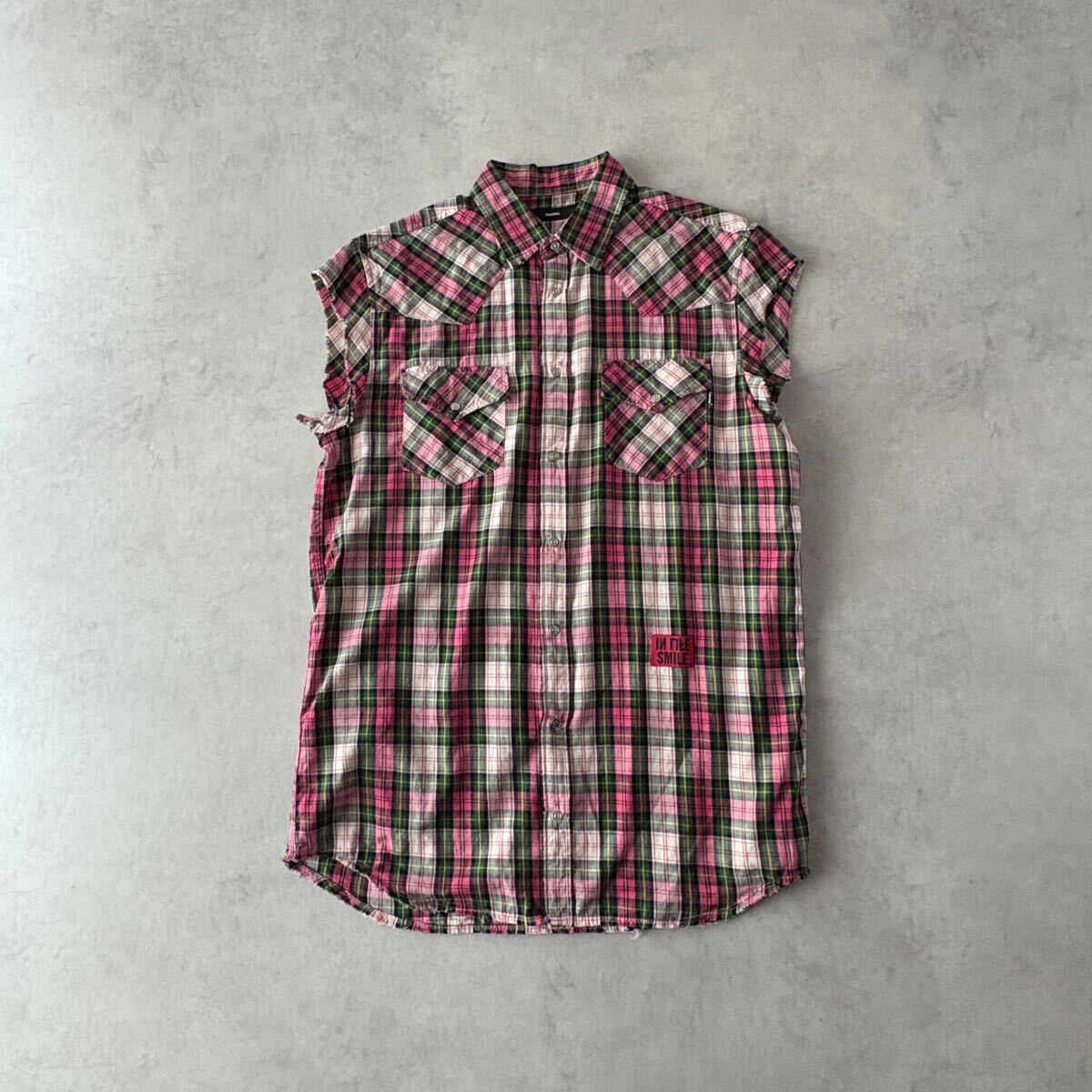 極美品 DIESEL ディーゼル 半袖 ノースリーブ チェック 刺繍 カットオフ ダメージ加工 シャツ ベスト メンズ(M) ロック パンク / a-255拍卖