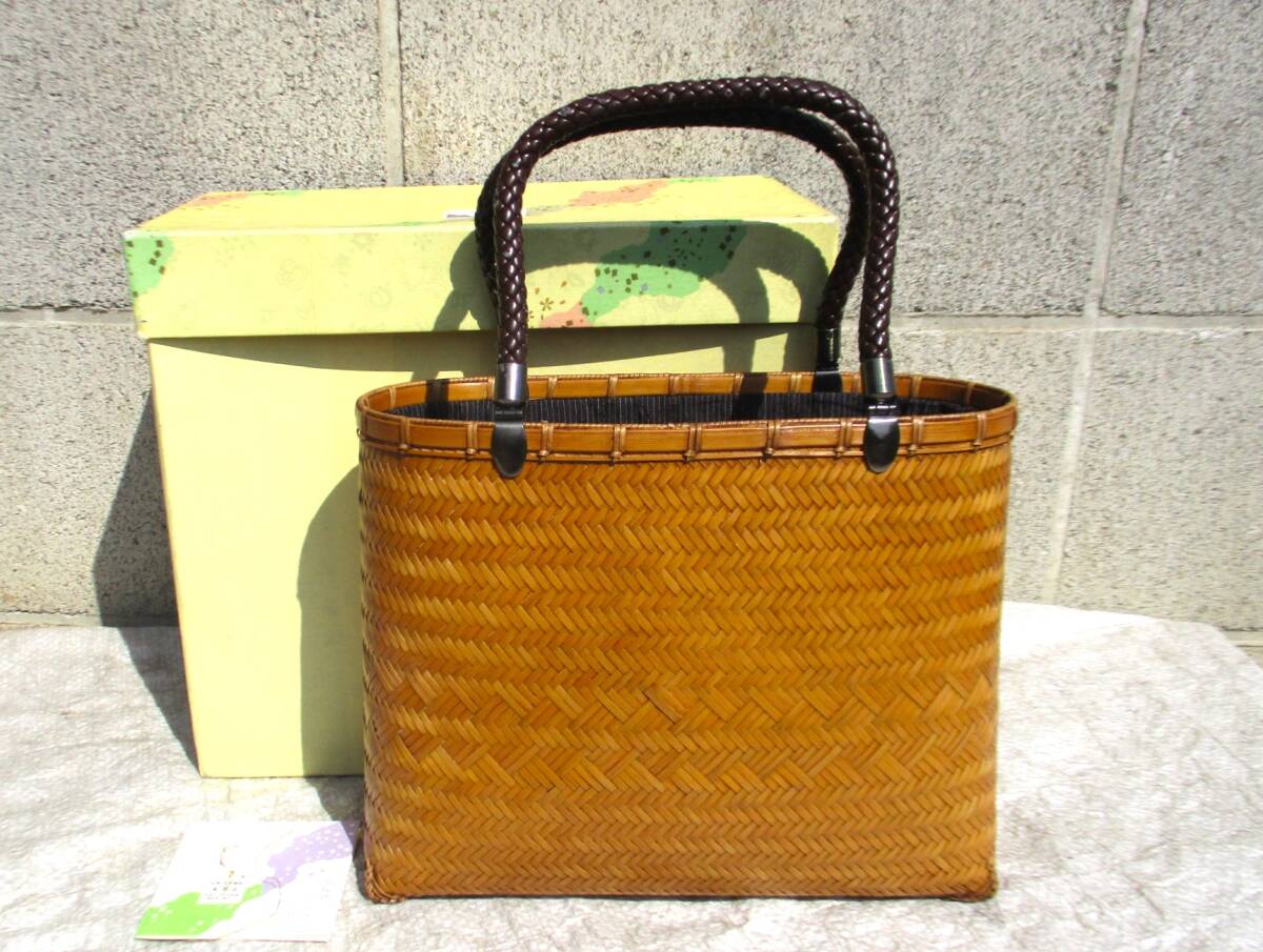 美品●京都 伊と忠 ハンドバッグ 網代 竹籠 巾着 トート 日本製 共箱/栞 訳あり●売切拍卖