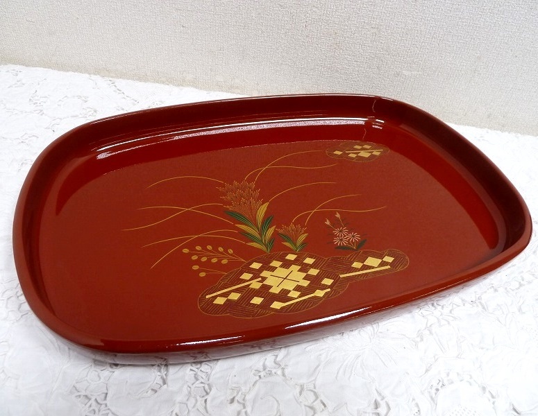 (☆BM)大内塗 漆器 角盆 横幅48㎝ 朱赤 朱色 金彩 花紋 お盆 漆芸 山口県特産 日本伝統工芸 茶道具 トレイ 和風 木製 茶器 少し大きめ拍卖