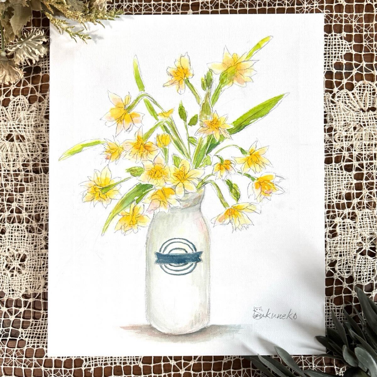 雫猫 nyago 水彩画 花 水仙 黄水仙 ボタニカルアート 絵 絵画 イラスト 手描き 画家 真作 原画 美術 インテリア アート キャンバス F3号拍卖