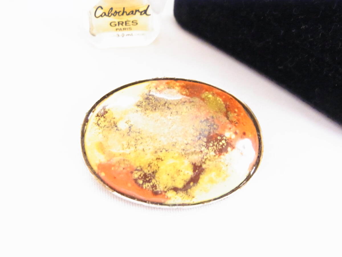 ■ビンテージ/ヴィンテージ 和モダン 抽象的な柄模様 オレンジトーンベースにイエロートーン 焼き物系 昭和レトロのブローチ拍卖