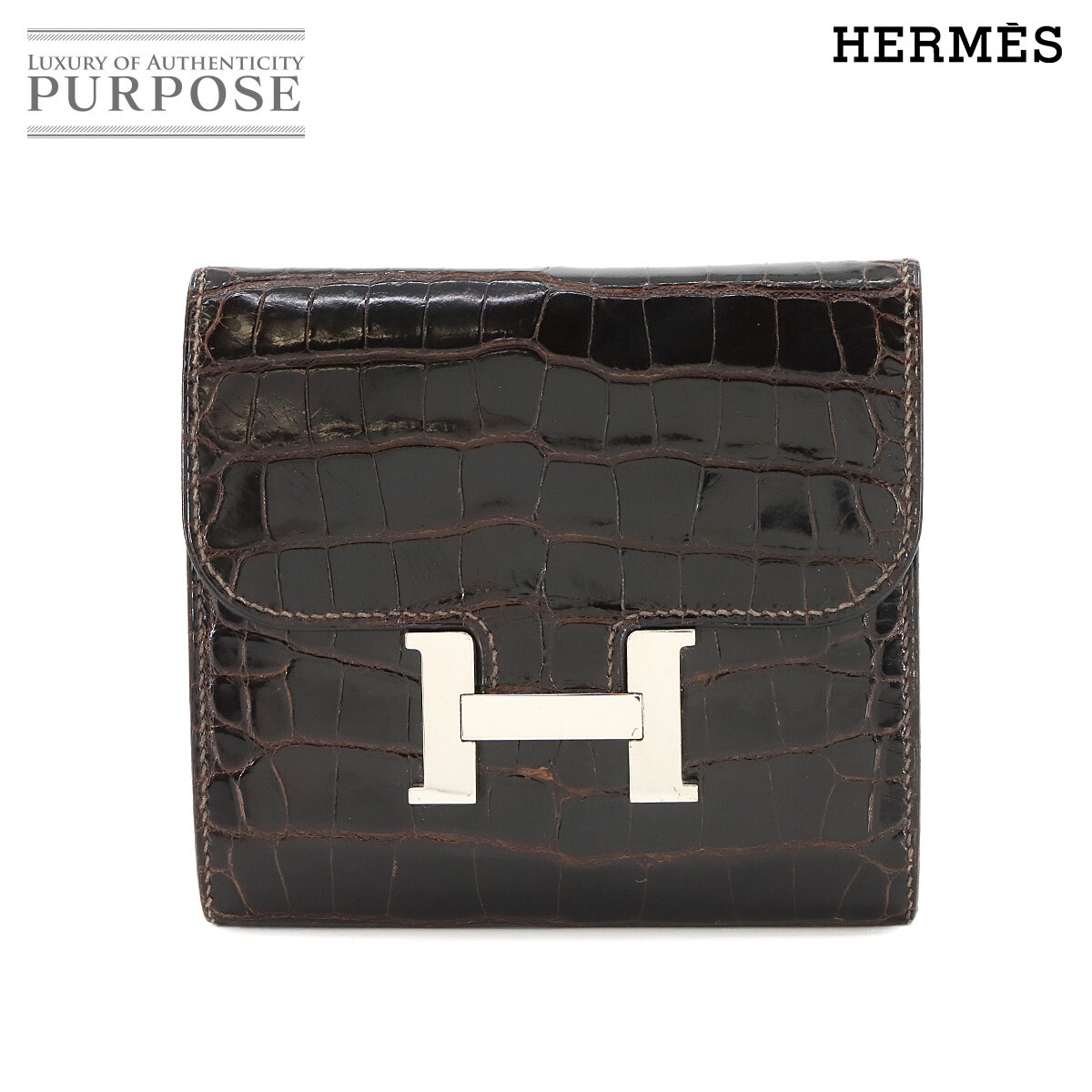 エルメス HERMES クロコダイル コンスタンス コンパクト 二つ折り 財布 クロコダイル アリゲーター エベンヌ □O刻印 90272432拍卖