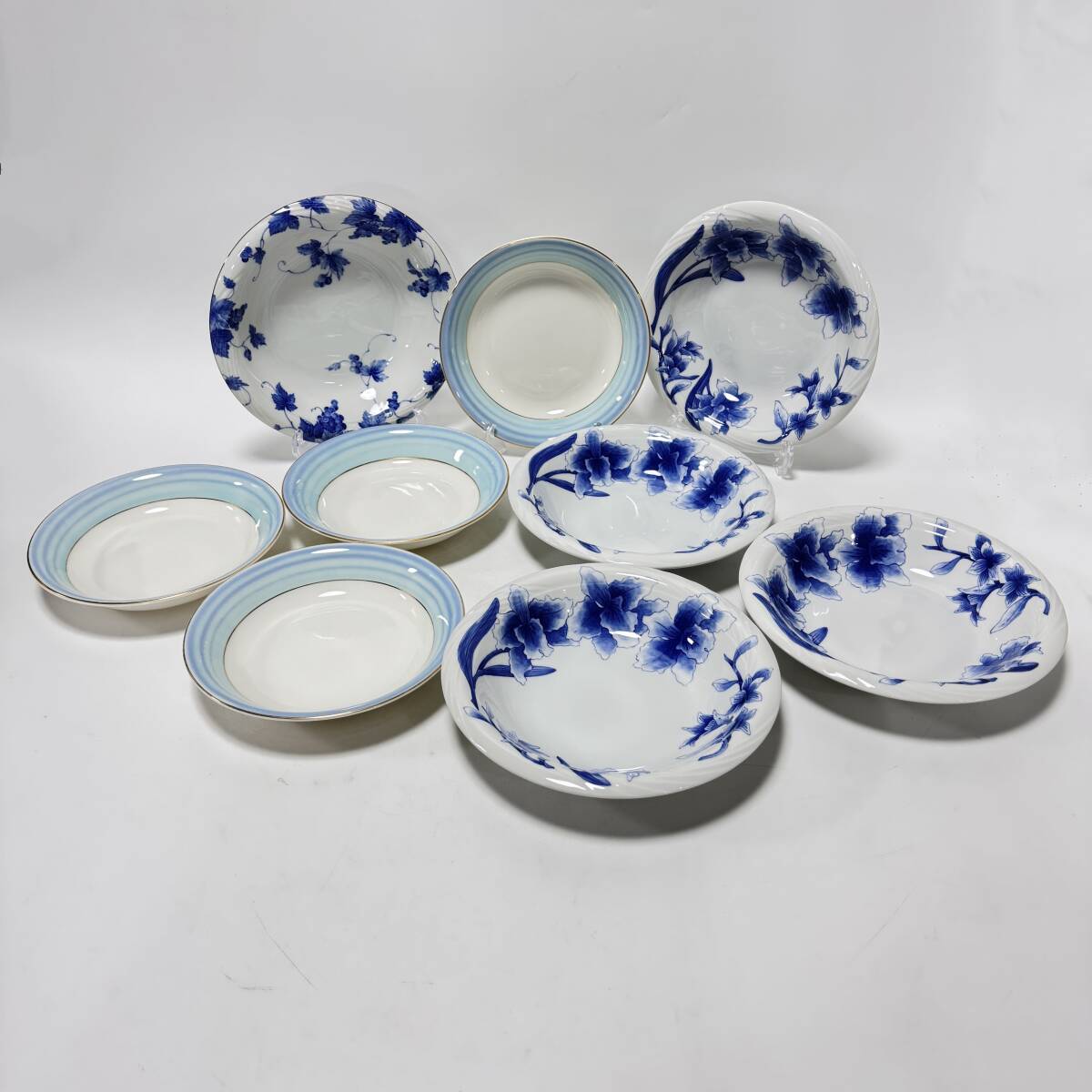 【62313Q】Adam&Eve アダム&イヴ 橘 たち吉 草花文 葡萄柄 金彩×ブルーライン 3種9皿 深皿 カレー皿 盛り皿 経年保管品 現状品拍卖