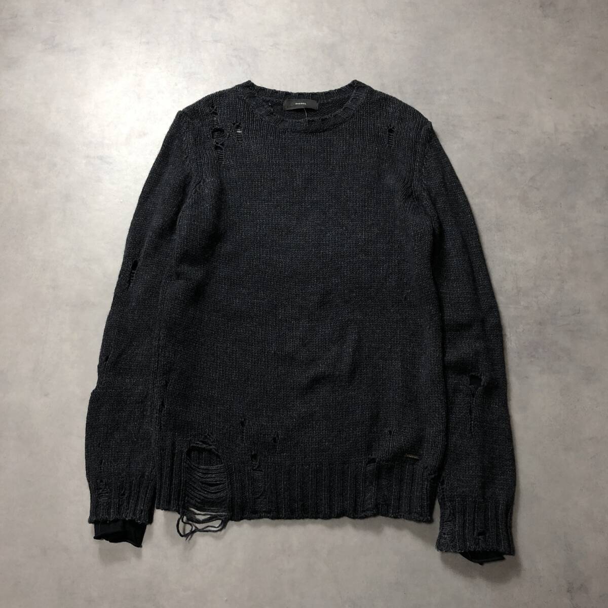 GQ1835◇DIESEL : アルパカ ダメージニットセーター◇XS◇チャコールグレー デストロイ加工 袖レイヤードデザイン拍卖