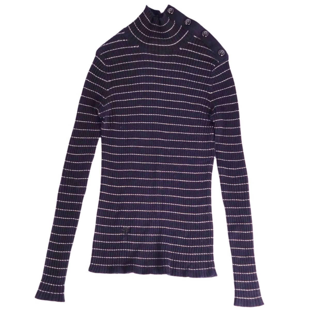 美品 クリスチャンディオール Christian Dior 2021年 ニット セーター ハイネック 長袖 ボーダー Bee刺繍 F34(S相当) 紺 ce02mb-rm10f13076拍卖