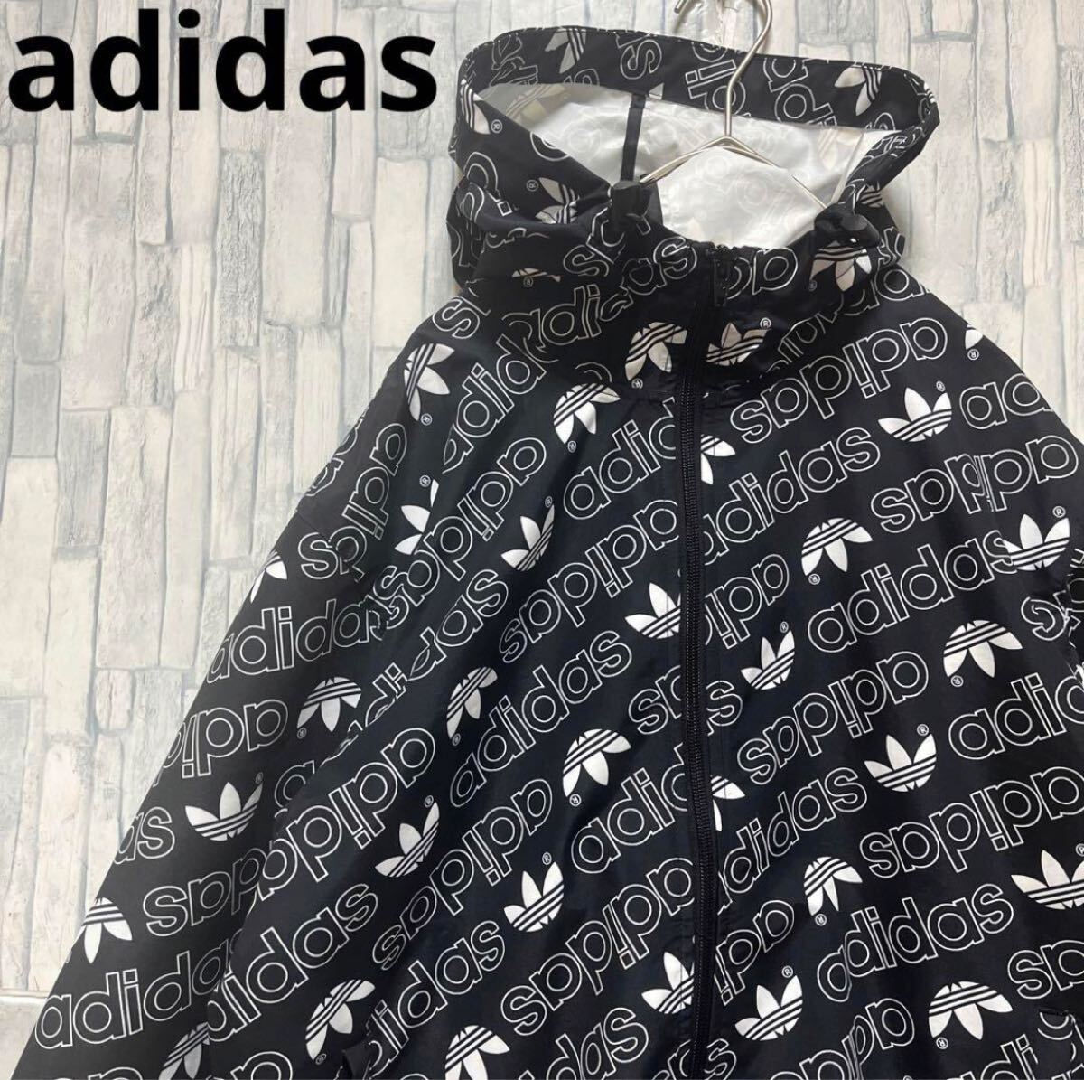 adidas アディダス オリジナルス フルジップ ナイロンジャケット サイズS 長袖 モノグラム 総柄 デカロゴ トレフォイル フード メンズ拍卖