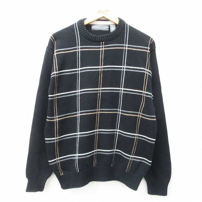 L/古着 長袖 セーター メンズ コットン クルーネック 黒他 ブラック 25mar11 中古 ニット トップス拍卖