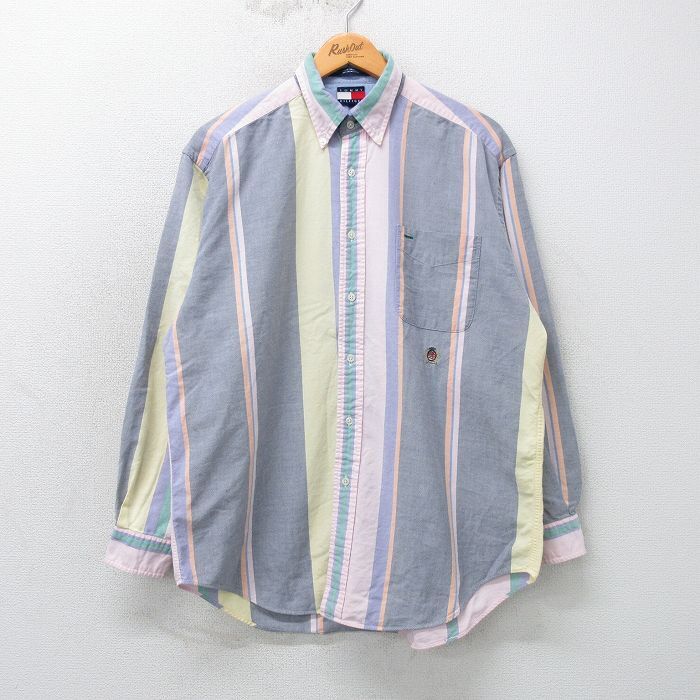 L/古着 トミーヒルフィガー 長袖 ブランド シャツ メンズ 90s ワンポイントロゴ コットン ボタンダウン 薄グレー他 spe 25mar11 中古 トッ拍卖