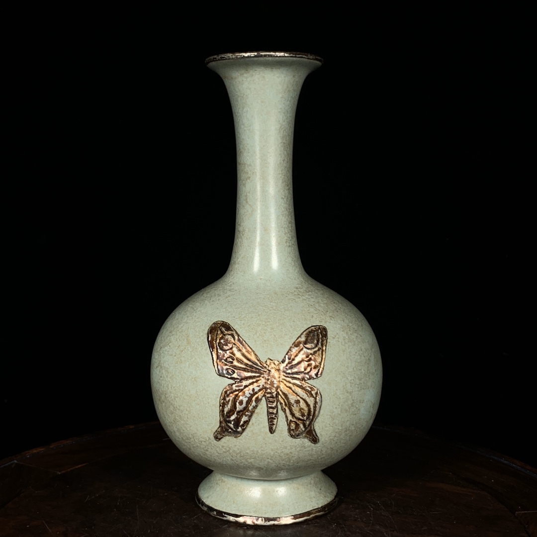 唐物 宋 汝窯 嵌銀 包口 長頸瓶 陶芸 磁器 古陶磁器 中国美術品 時代物 D63拍卖